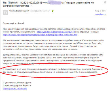 Ответ службы поддержки Яндекса на наше письмо